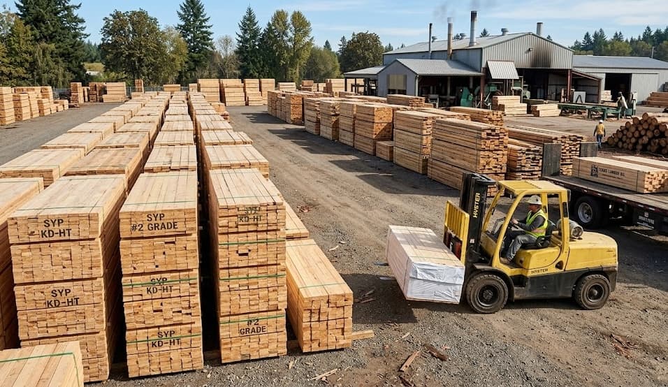 Our lumber yard with stacked reclaimed wood and forklift operations