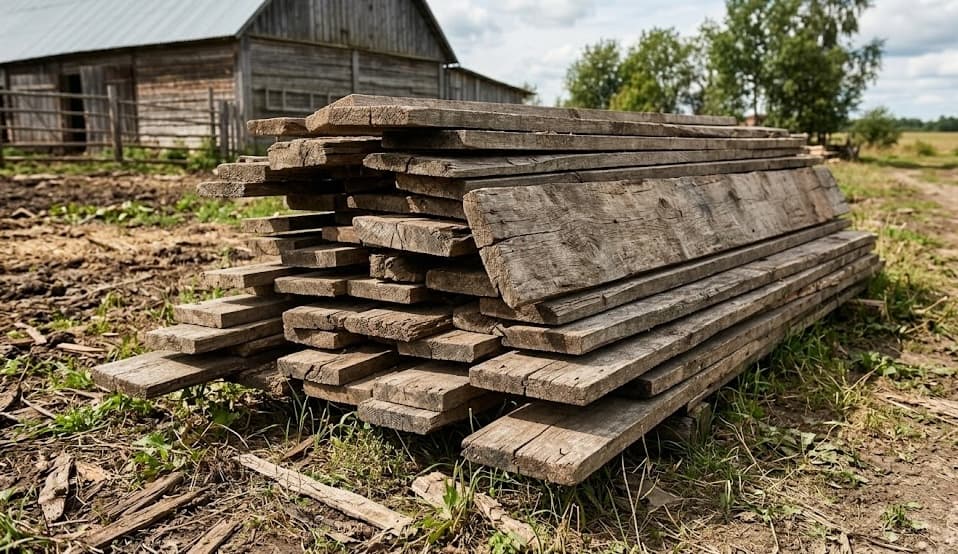 Rustic reclaimed lumber pile outdoors near old barn — sustainable wood sourcing